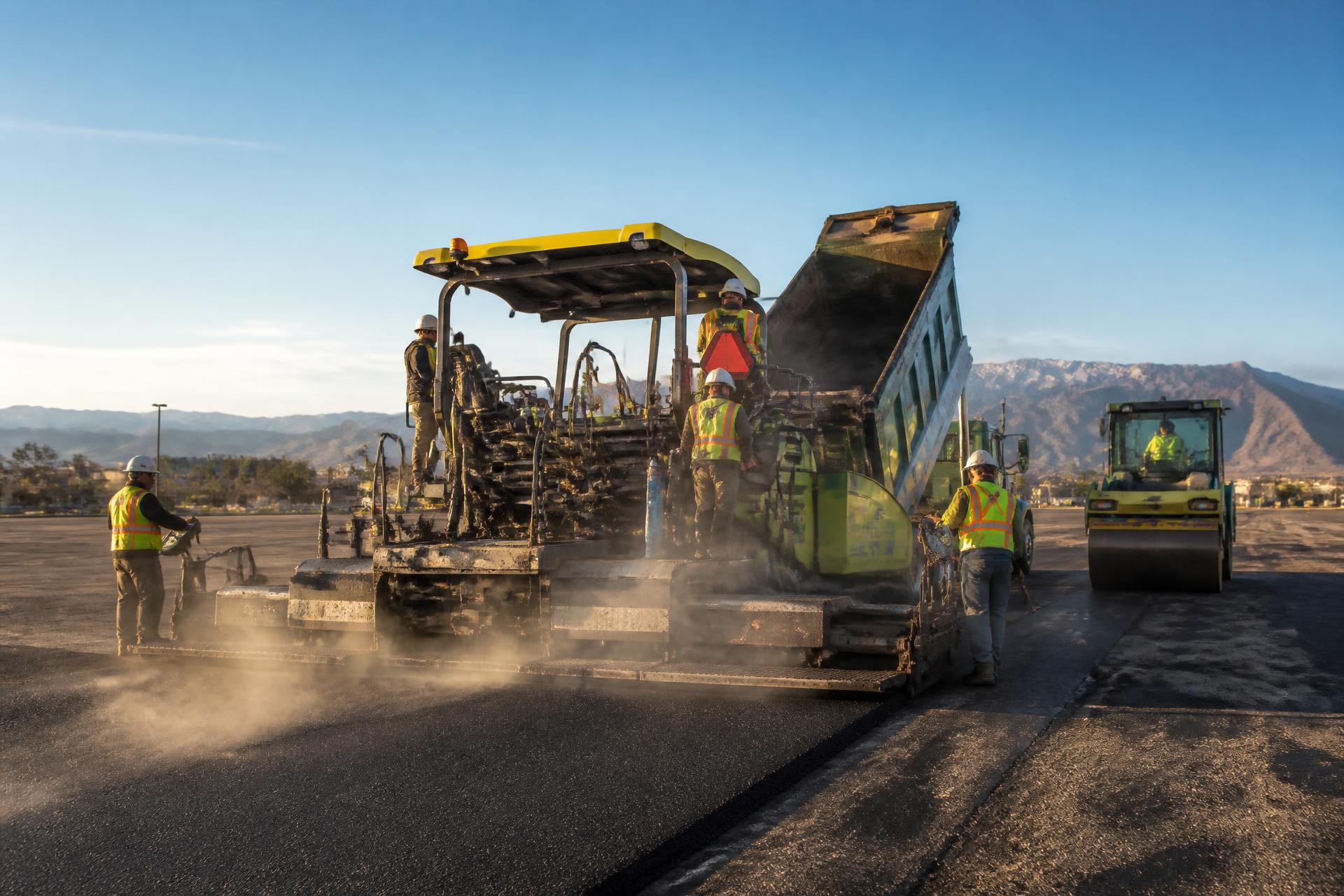 Asphalt paver and roller placing fresh asphalt on a Colorado commercial parking lot