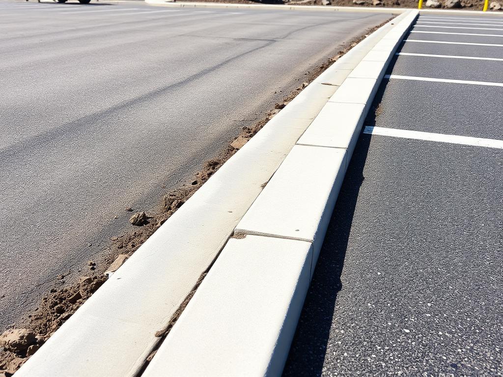 Newly poured concrete curb and gutter along a commercial parking lot