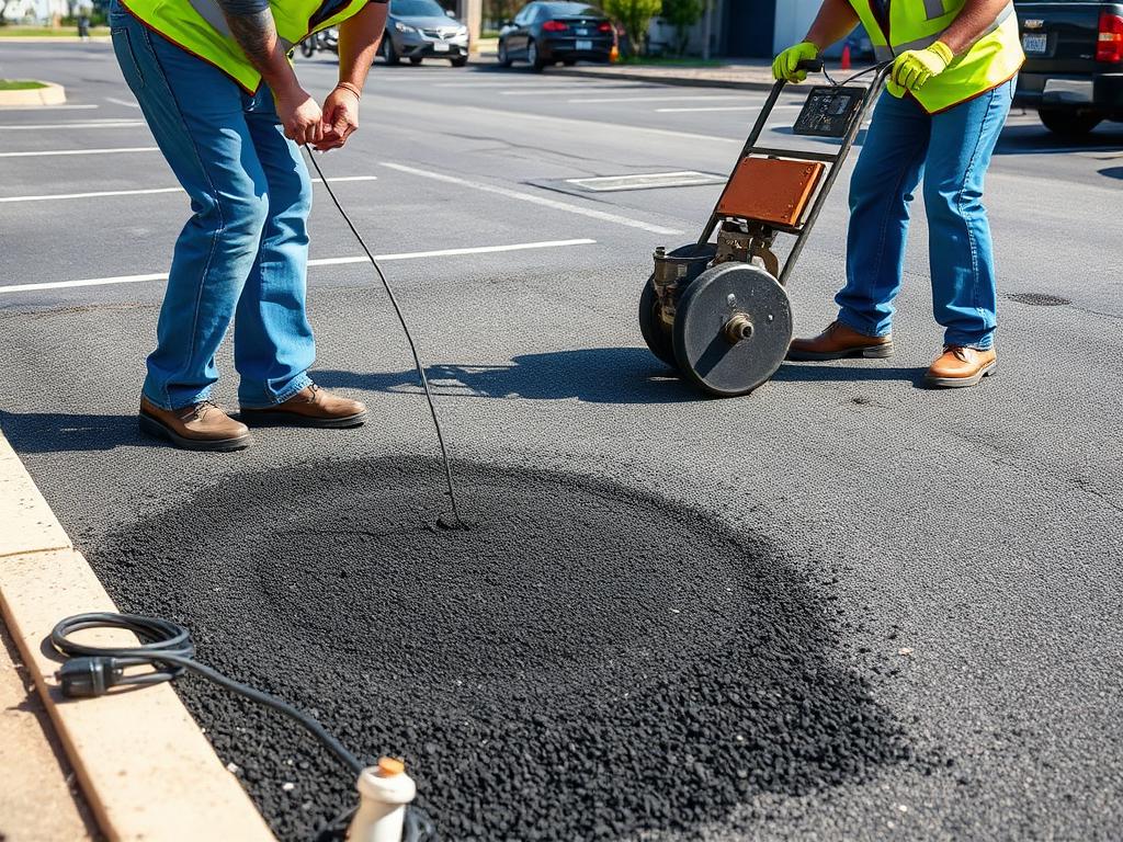 Asphalt repair crew patching a pothole in a parking lot