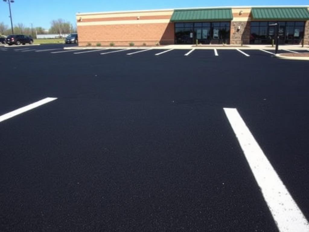 Freshly sealcoated commercial parking lot with new white striping